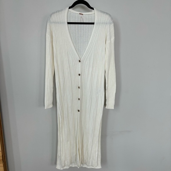 Free People Sweaters - Free People Skinny Mini Ribbed Cream Duster Cardigan Sweater Size S